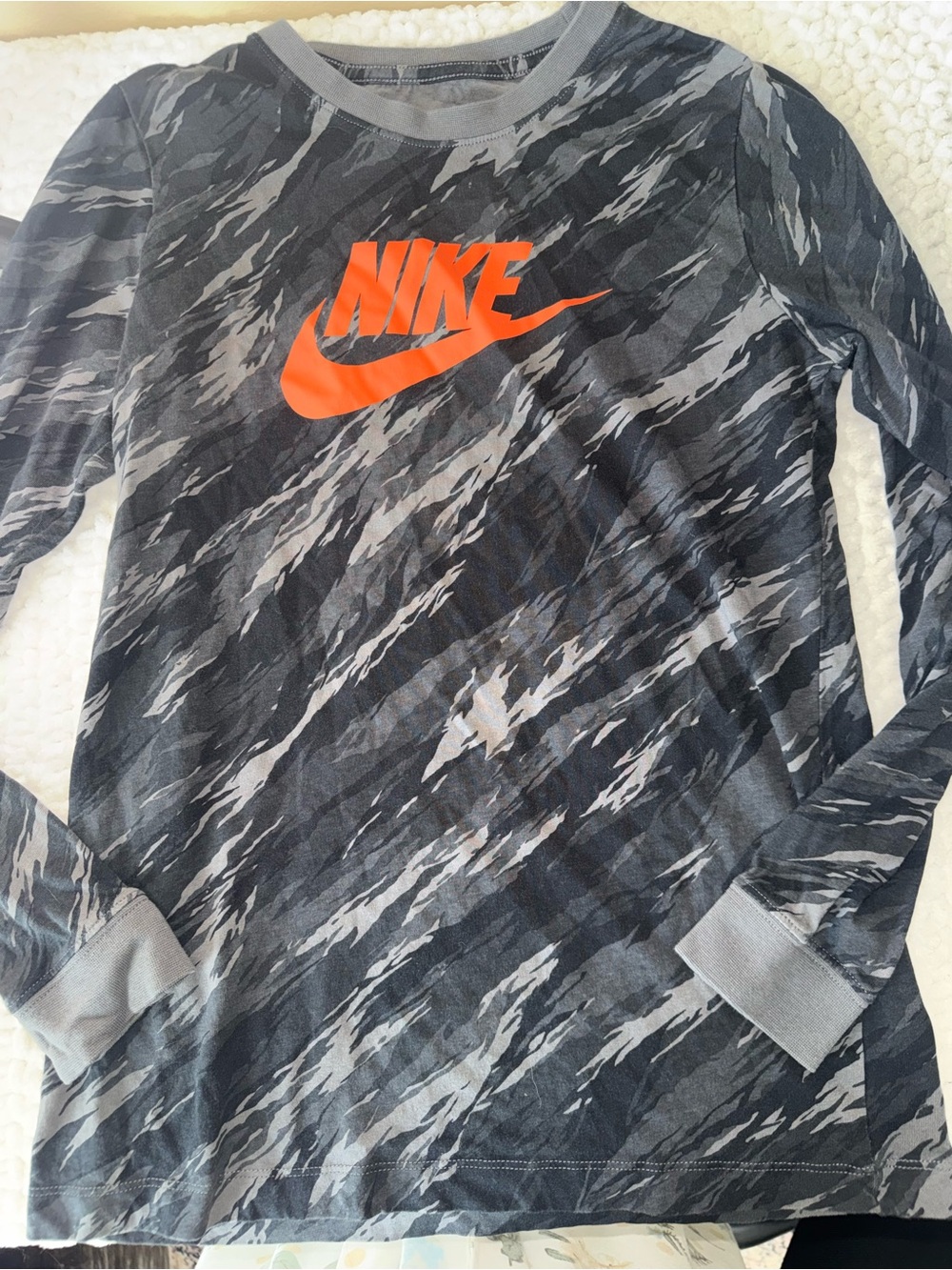 Nike Long Sleeve Black & Gray Graphic Tee with Orange Swoosh